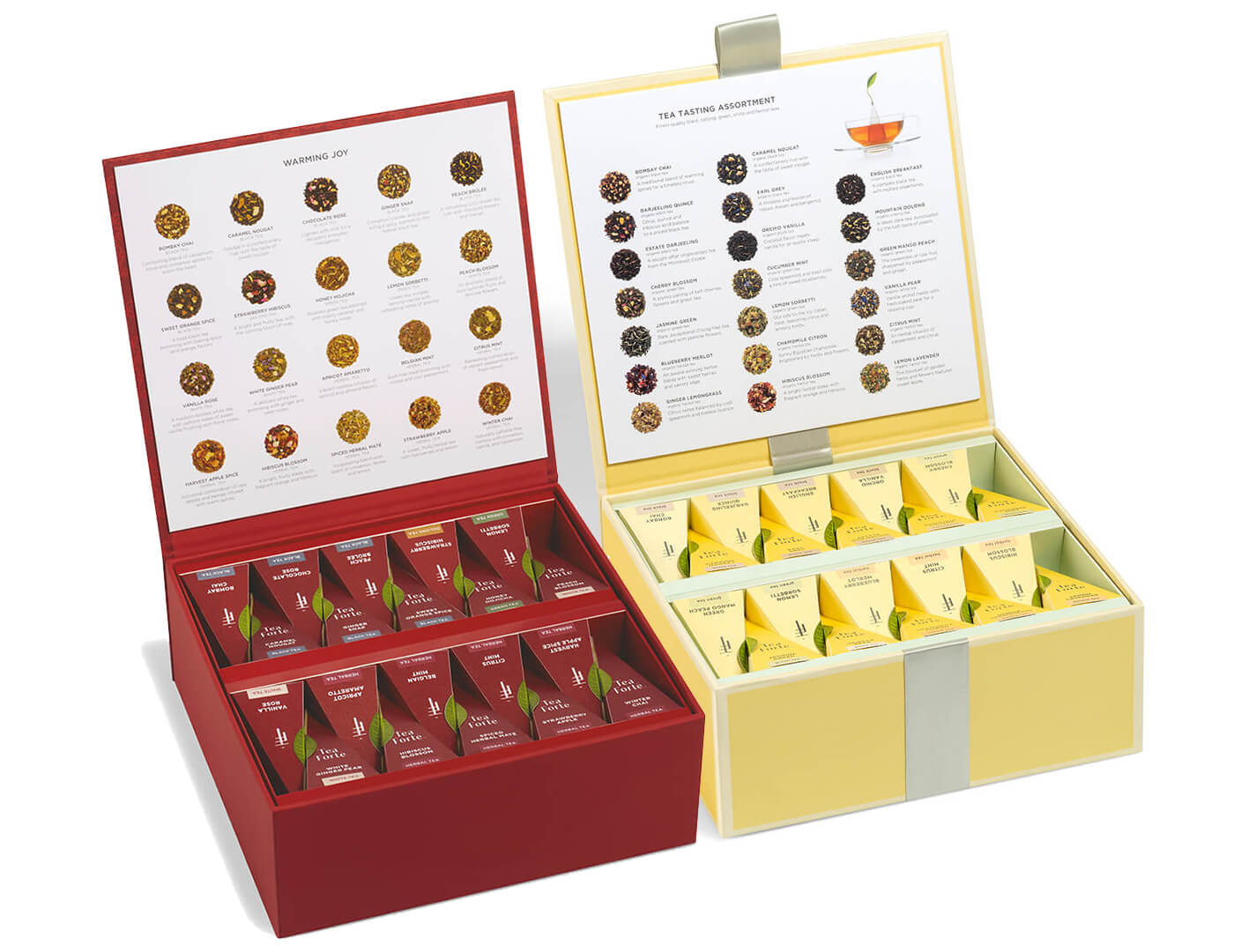 Warming Joy Tea Chest and Classic Tea Chest together, open, set of 2