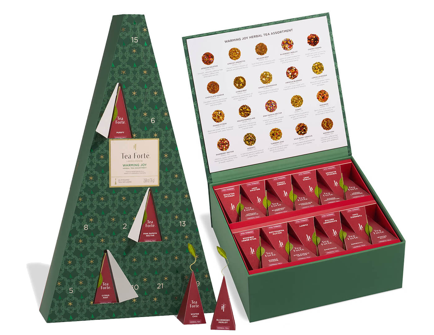 Warming Joy Herbal Advent Calendar with doors open and infusers to the right outside of box, and a Herbal WarmingJoy Tea Chest, lid open with 40 infusers inside
