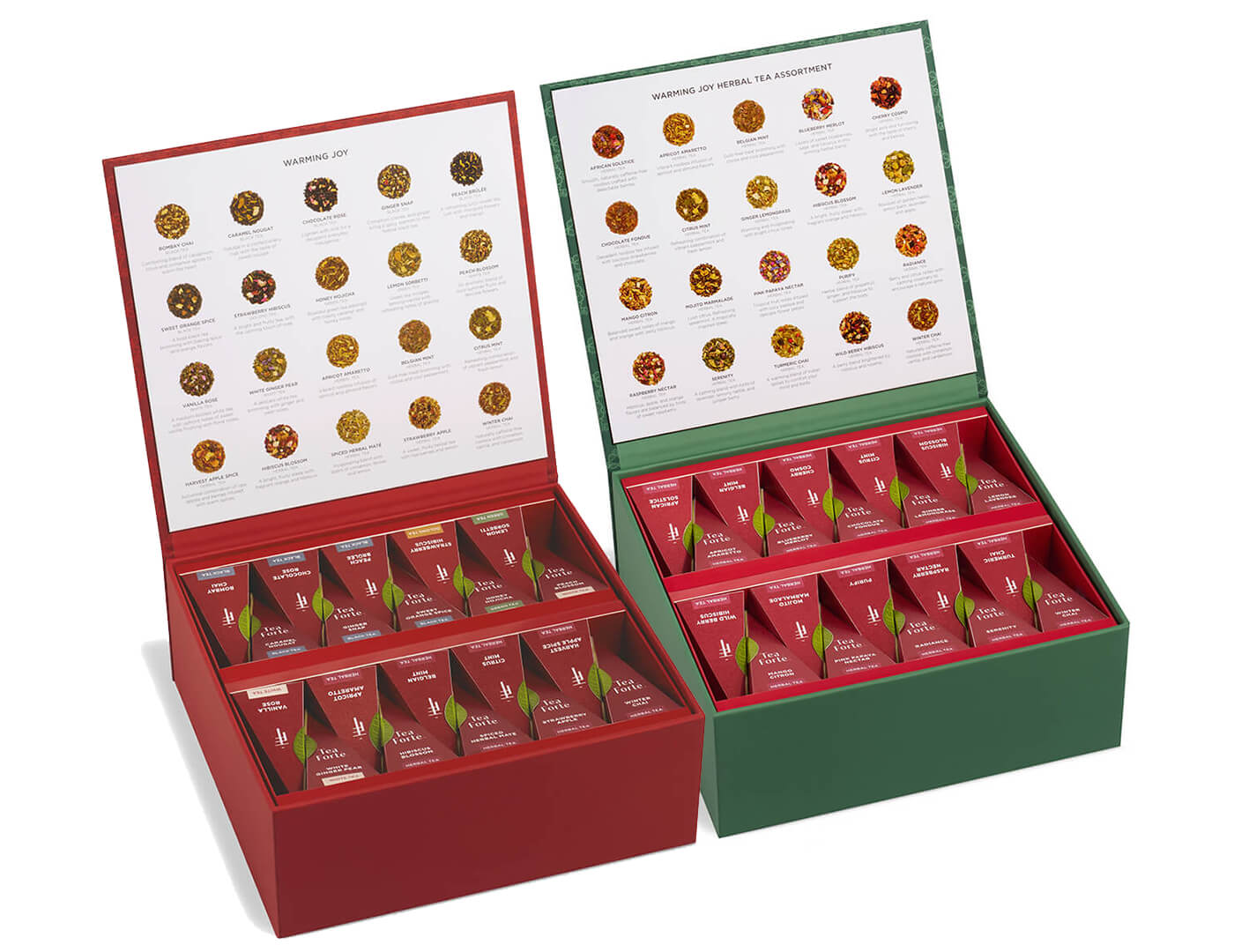 Two Tea Chests Warming Joy, one red, one green, both open with 40 tea infusers inside for each