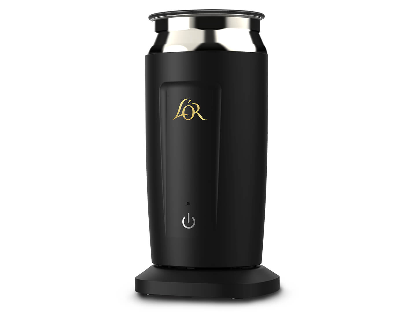 Black and silver milk frother with a L