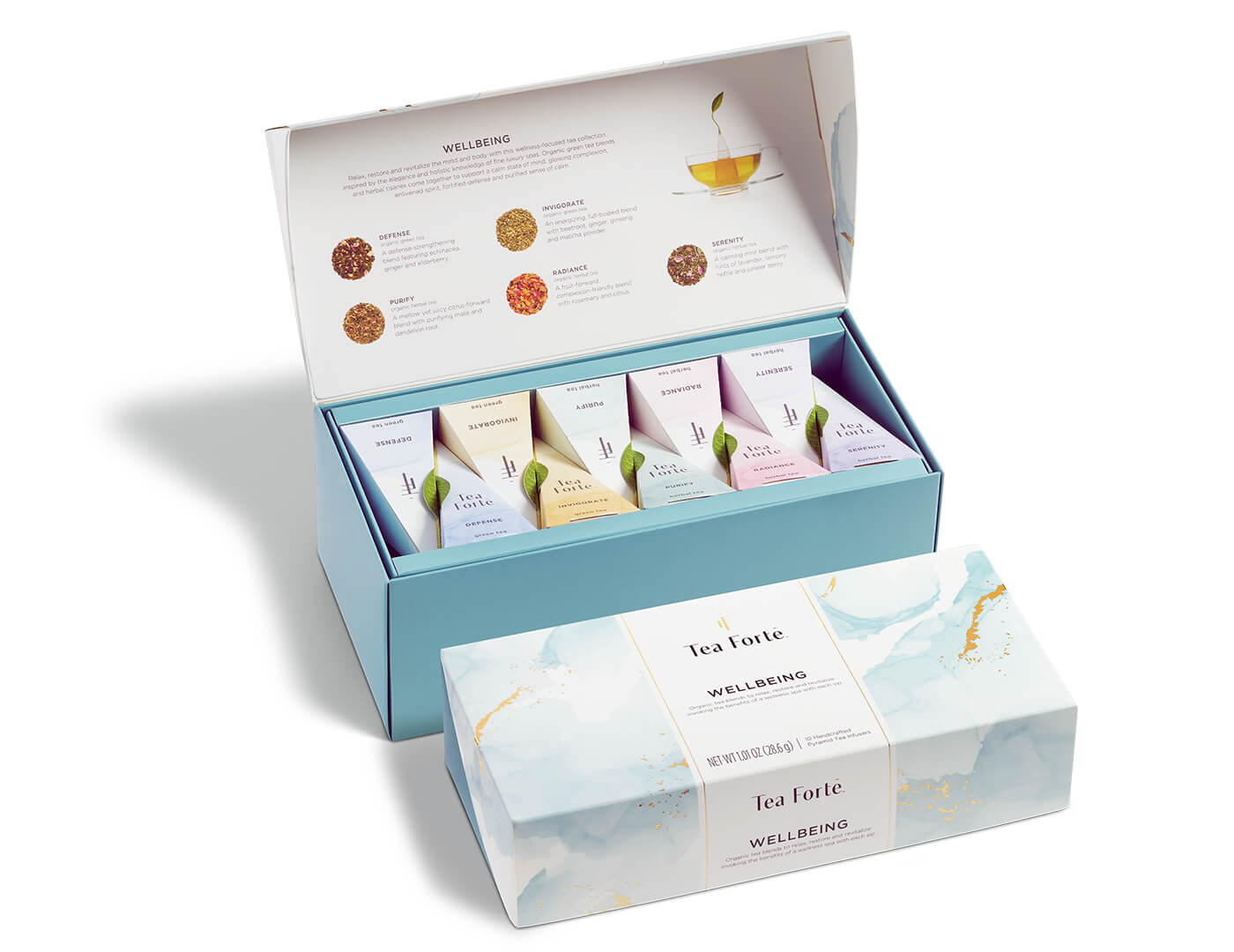 Wellbeing tea assortment in a 10 count petite presentation box with lid open and closed