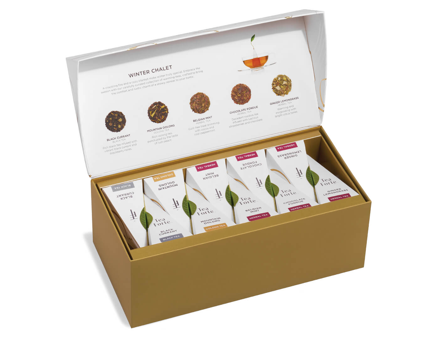 Winter Chalet Presentation Box of 20 pyramid infusers, lid open