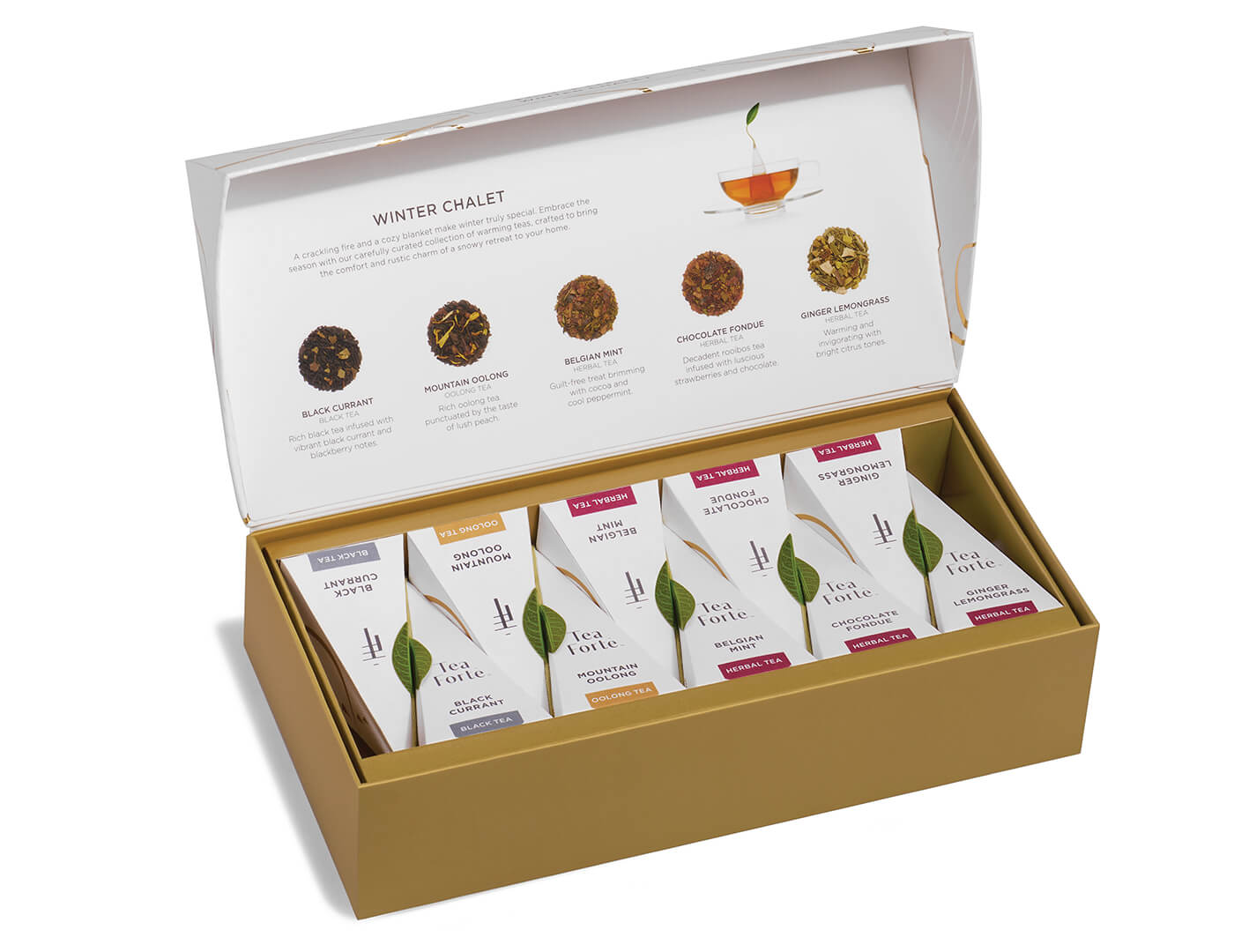 Winter Chalet Petite Presentation Box of 10 pyramid infusers, with lid open